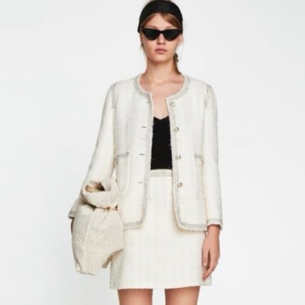 Zara White Silver Tweed Jacket 2481 801 712 XS